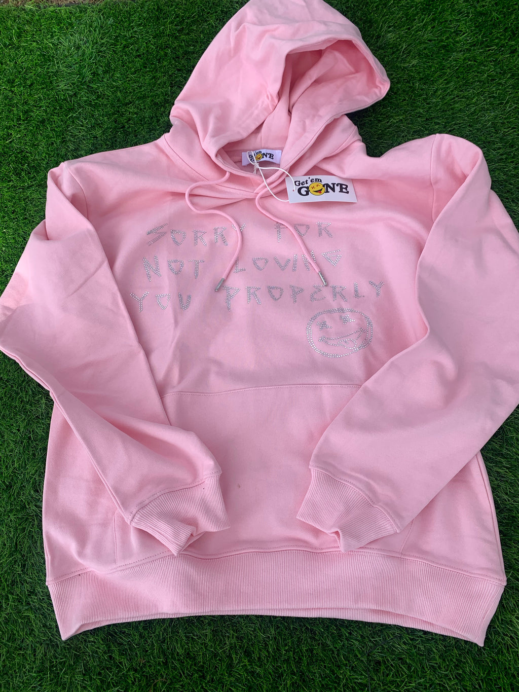 Baby Pink “Sorry For Not Loving You Properly” Rhinestone Hoodie