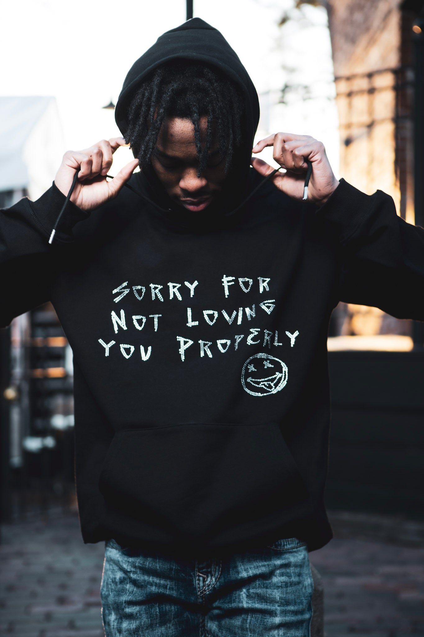 Black “Sorry For Not Loving You Properly” Rhinestone Hoodie